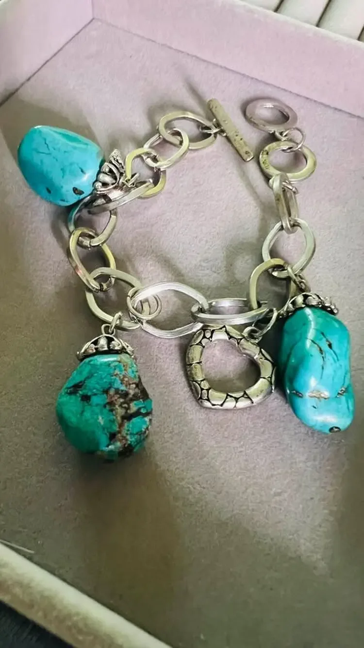 Chunky Silver-Tone Turquoise Stone Heart Charm Bracelet